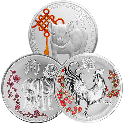 A picture of a Collection de ronds d’argent célébrant le Nouvel An lunaire de 3 oz (1 oz par pièce)